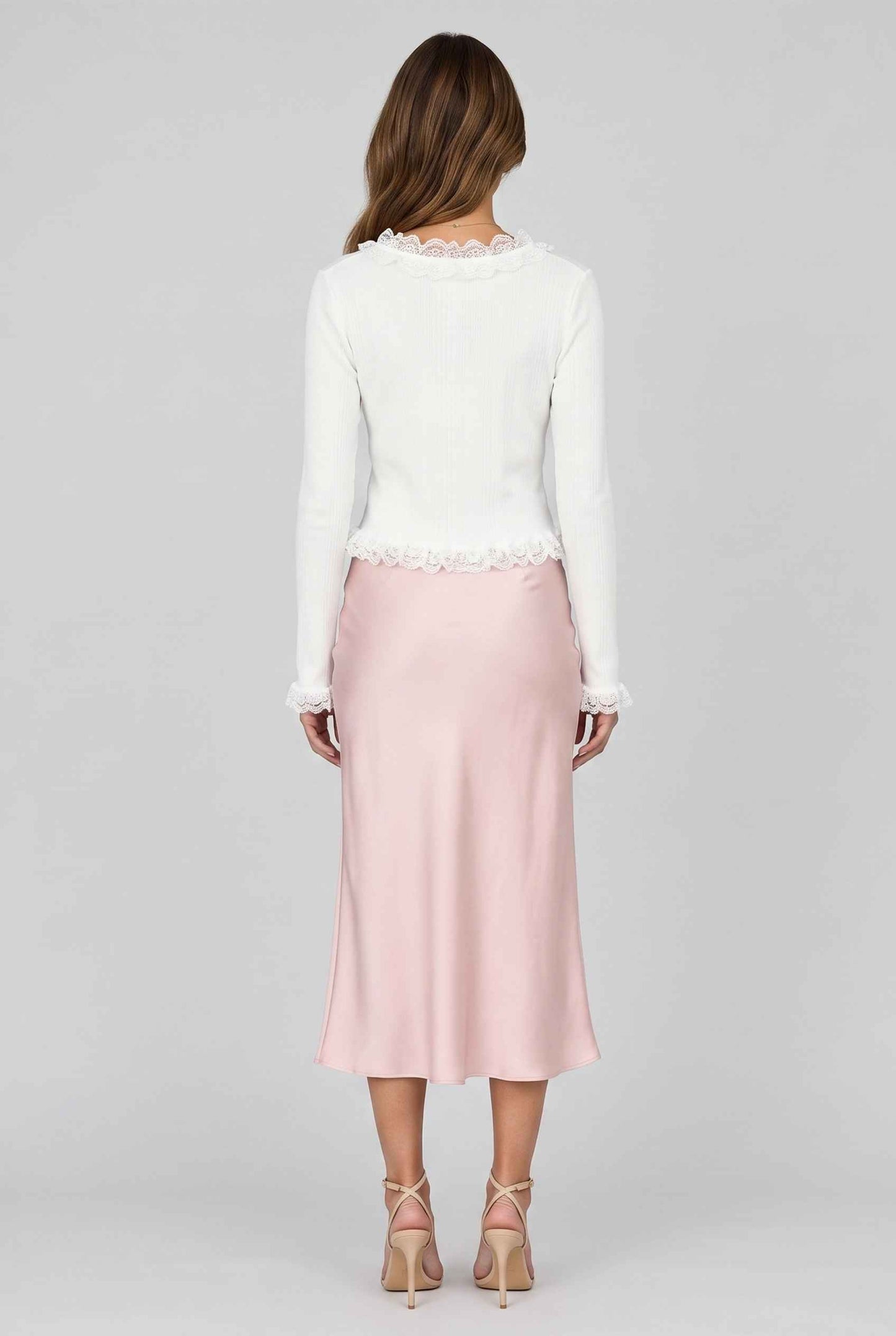 Virtual model wearing The Rosalie Lace Cardigan Ruffled Ribbed Knit Buttoned Cardigan in White