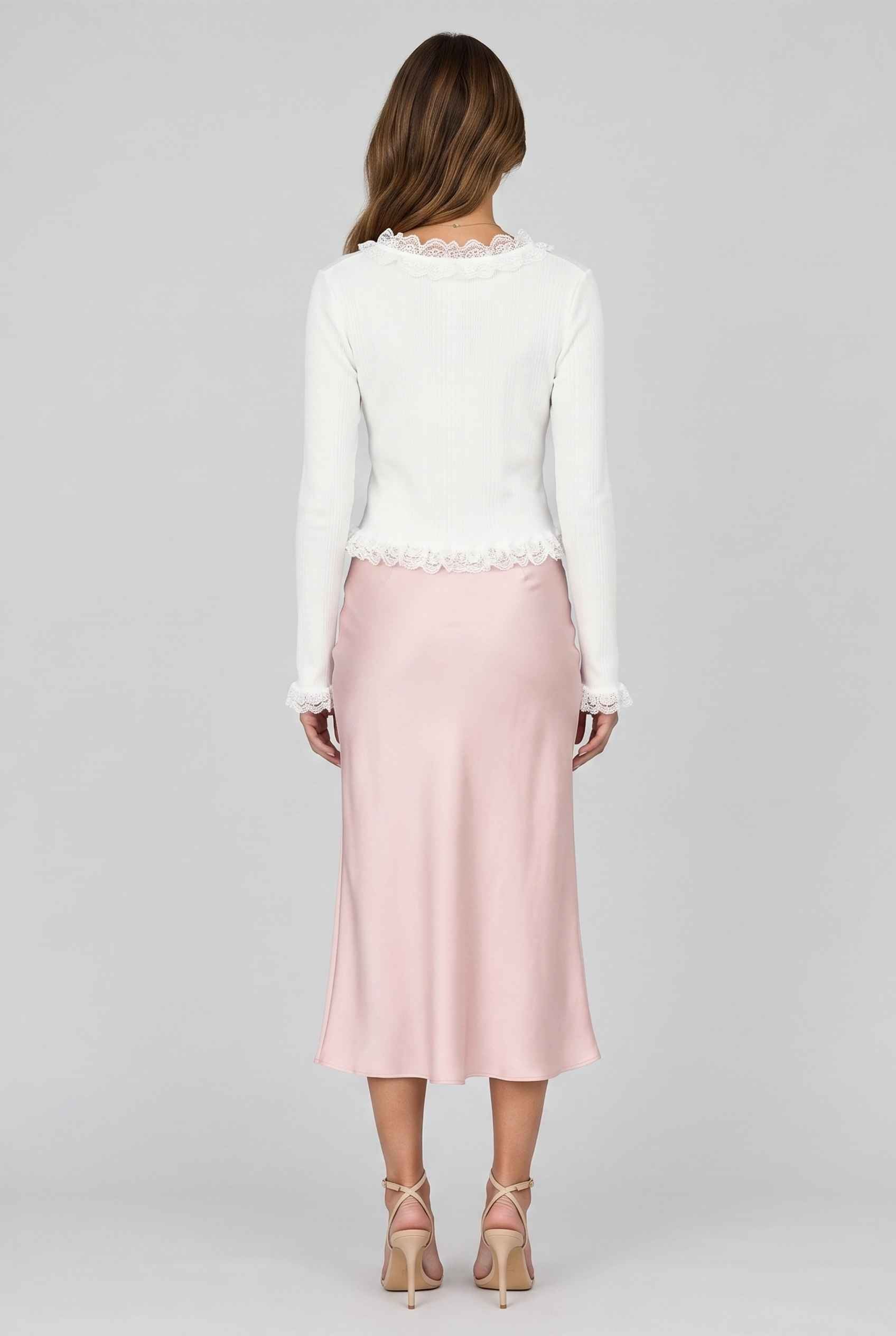 Virtual model wearing The Rosalie Lace Cardigan Ruffled Ribbed Knit Buttoned Cardigan in White