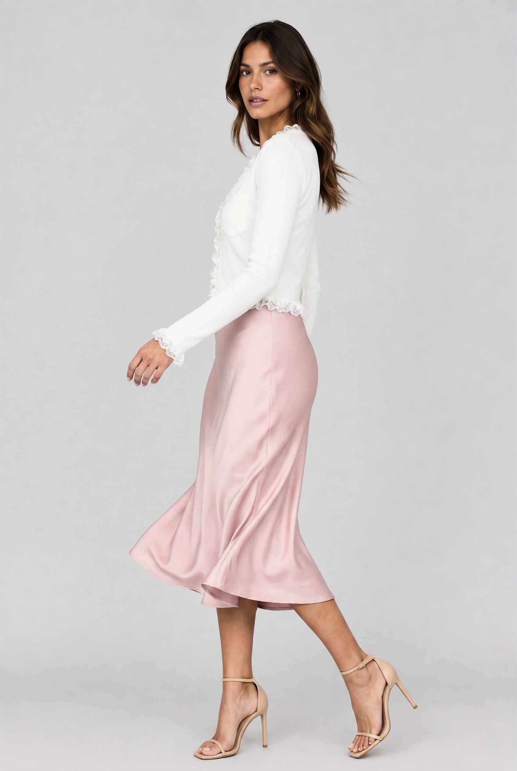 Virtual model wearing The Rosalie Lace Cardigan Ruffled Ribbed Knit Buttoned Cardigan in White