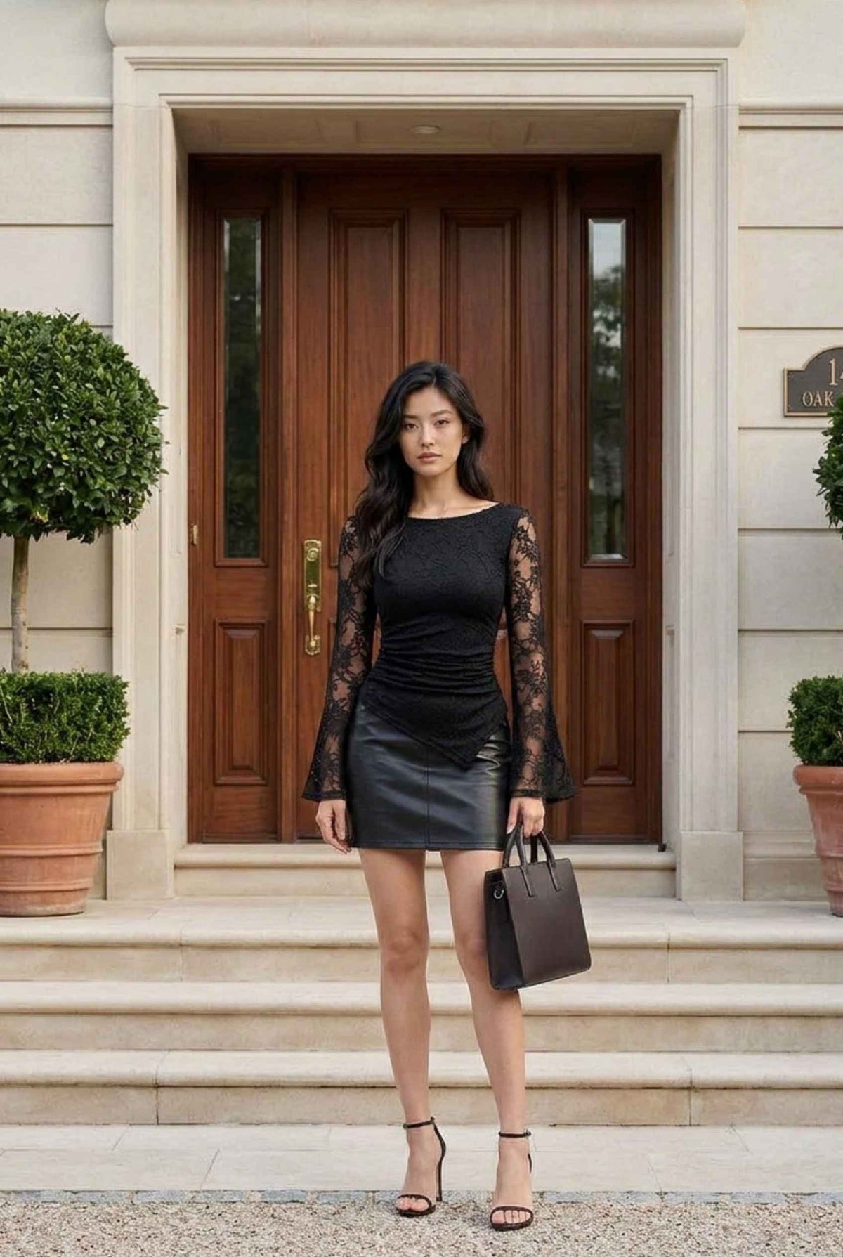 Virtual model wearing The Rosalind Floral Lace Top Black Lace Ruched Flared Long Sleeve Top