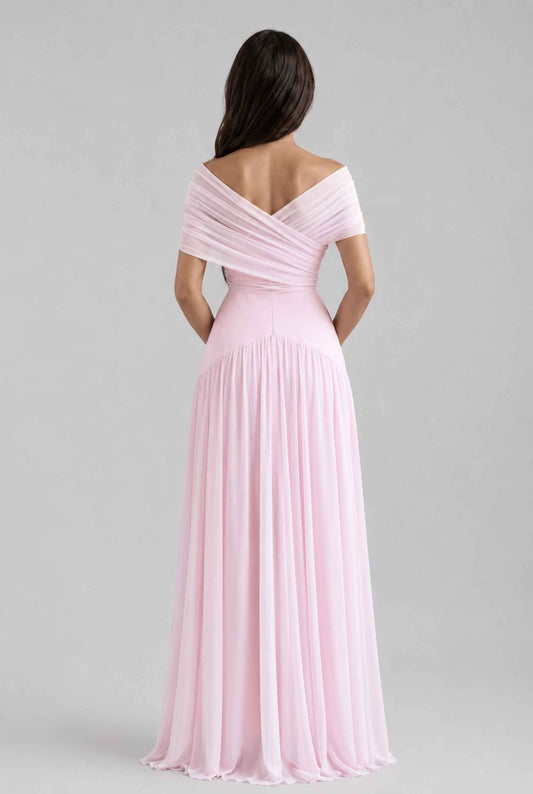 Virtual model wearing The Rosaline Chiffon Draped Dress Chiffon Draped Gown in Light Pink
