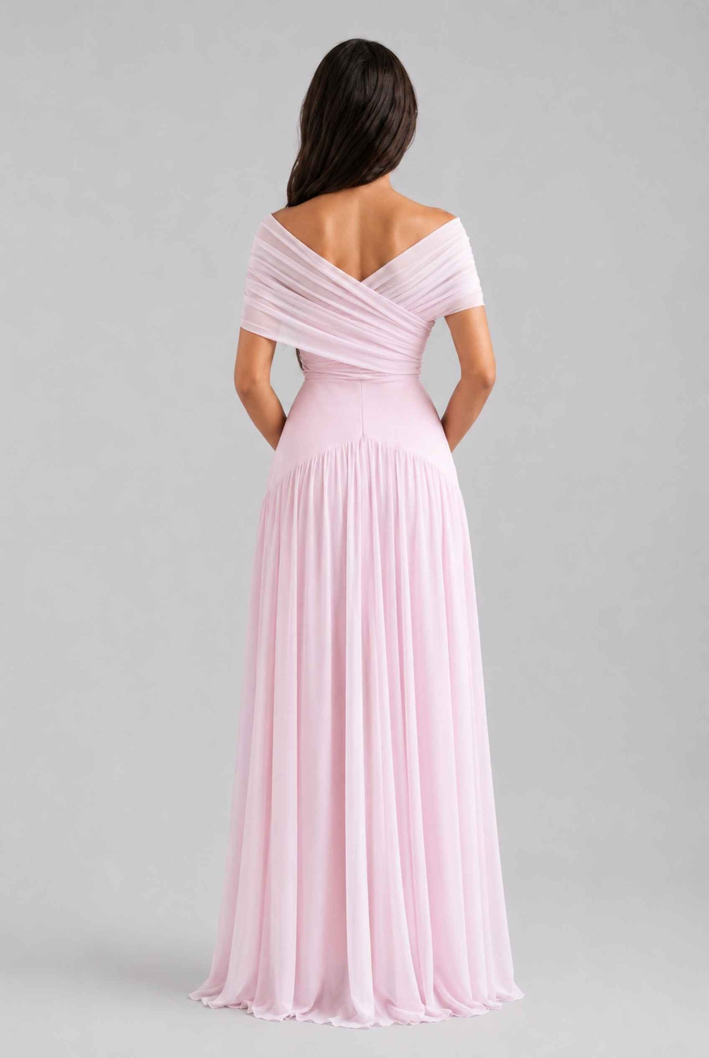 Virtual Model wearing The Rosaline Chiffon Draped Dress Light Pink Chiffon Draped Gown