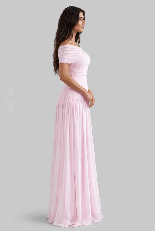 Virtual model wearing The Rosaline Chiffon Draped Dress Chiffon Draped Gown in Light Pink
