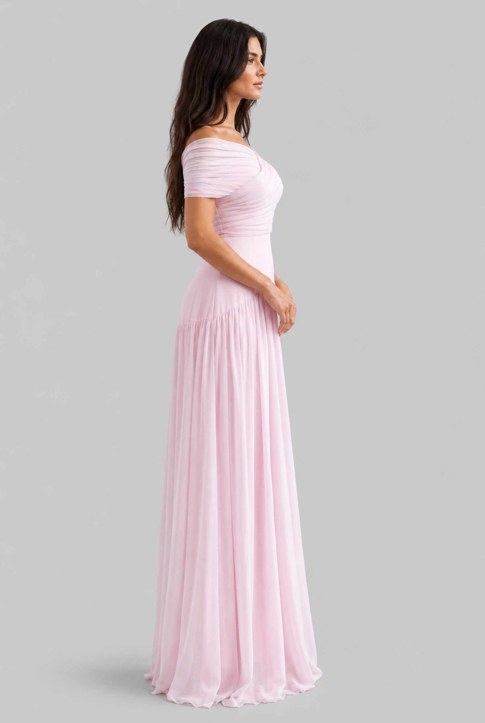 Virtual Model wearing The Rosaline Chiffon Draped Dress Light Pink Chiffon Draped Gown