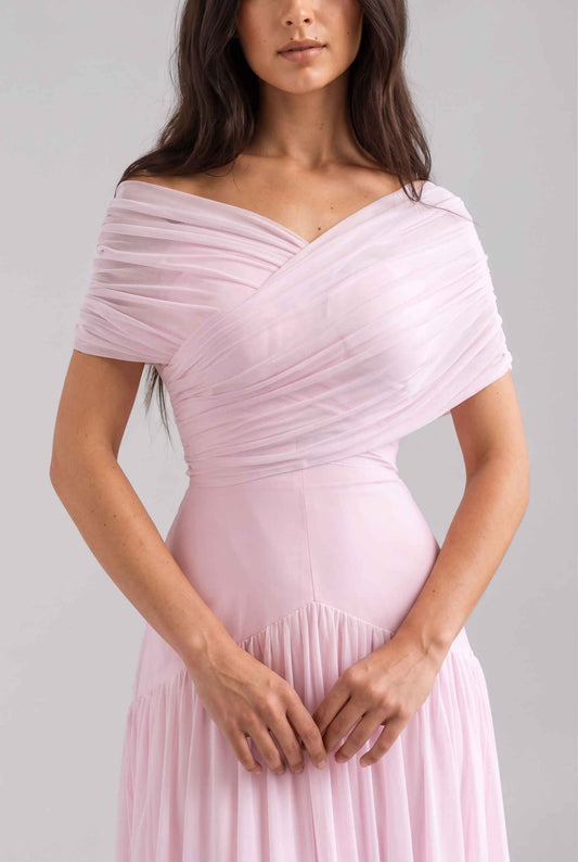 Virtual Model wearing The Rosaline Chiffon Draped Dress Light Pink Chiffon Draped Gown