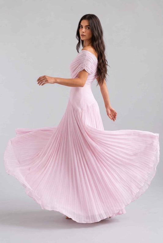 Virtual Model wearing The Rosaline Chiffon Draped Dress Light Pink Chiffon Draped Gown
