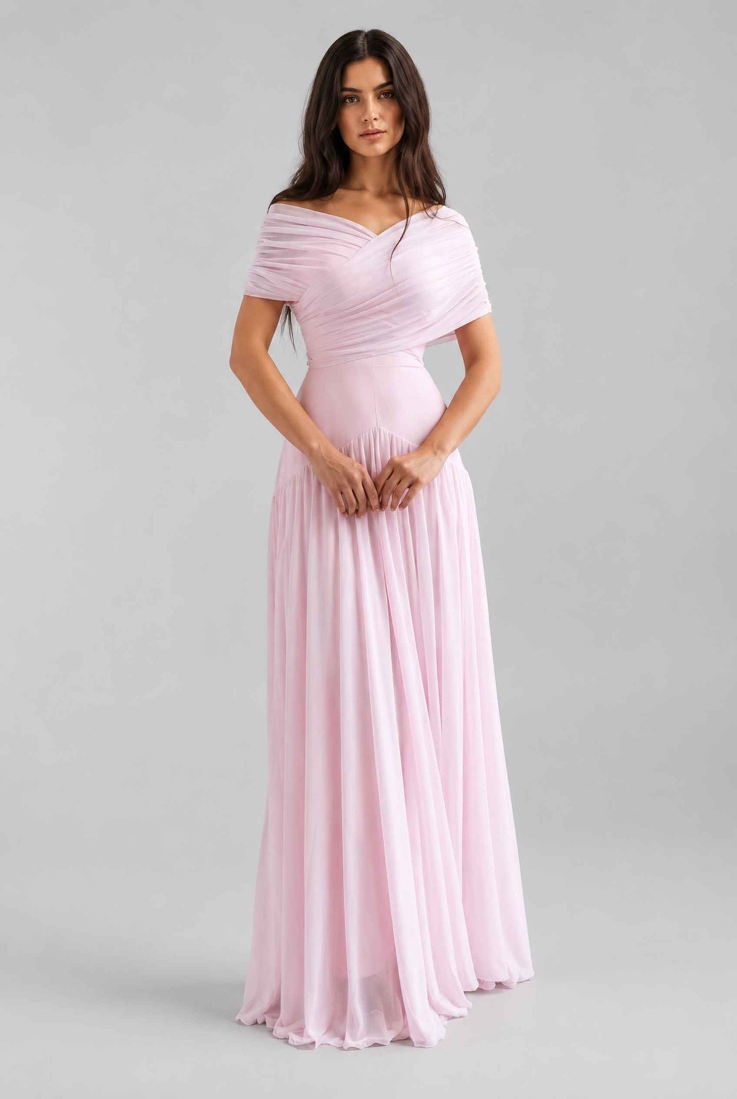 Virtual Model wearing The Rosaline Chiffon Draped Dress Light Pink Chiffon Draped Gown