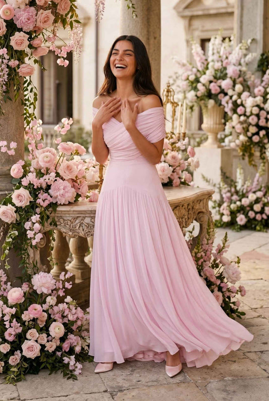 Virtual model wearing The Rosaline Chiffon Draped Dress Chiffon Draped Gown in Light Pink