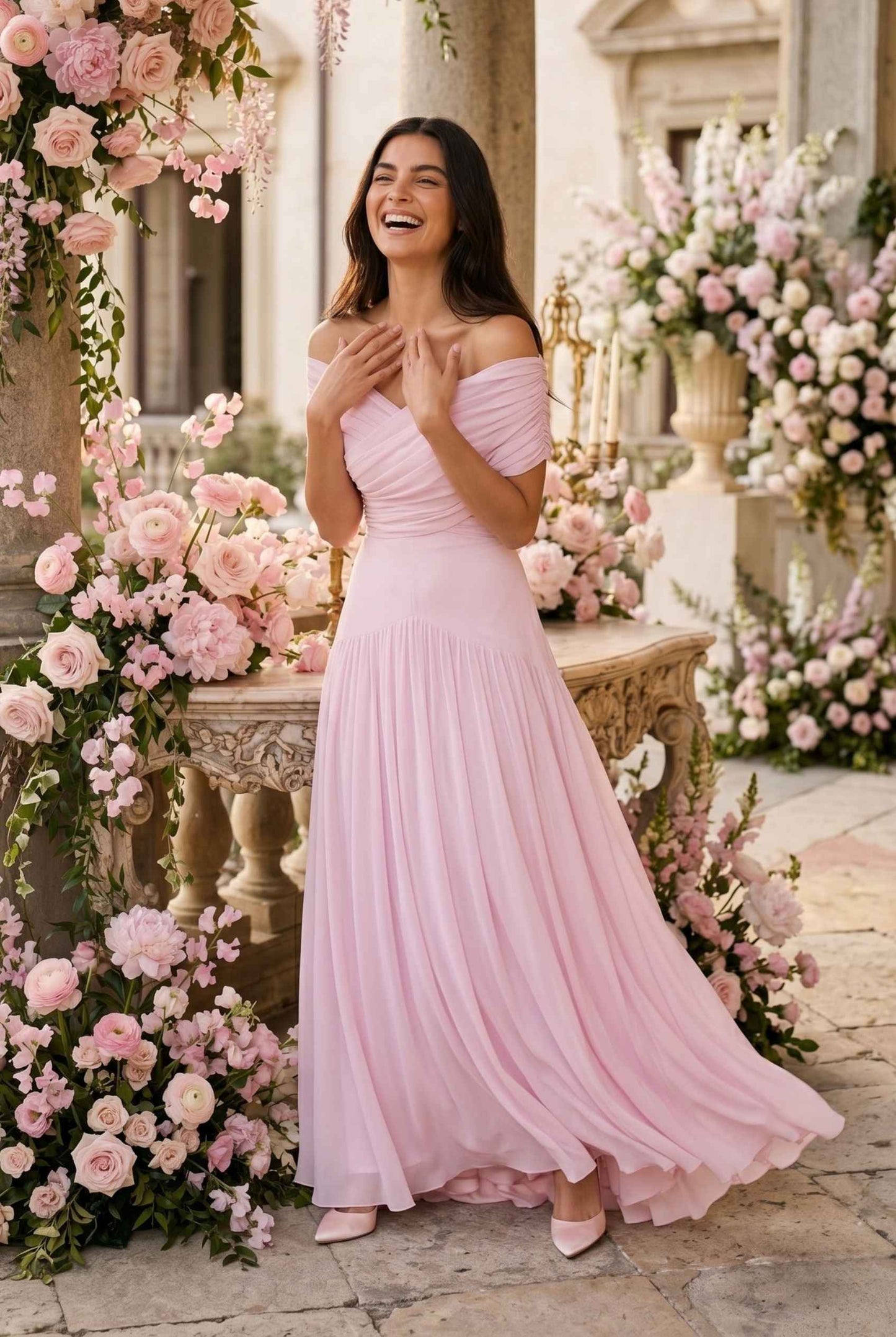 Virtual Model wearing The Rosaline Chiffon Draped Dress Light Pink Chiffon Draped Gown