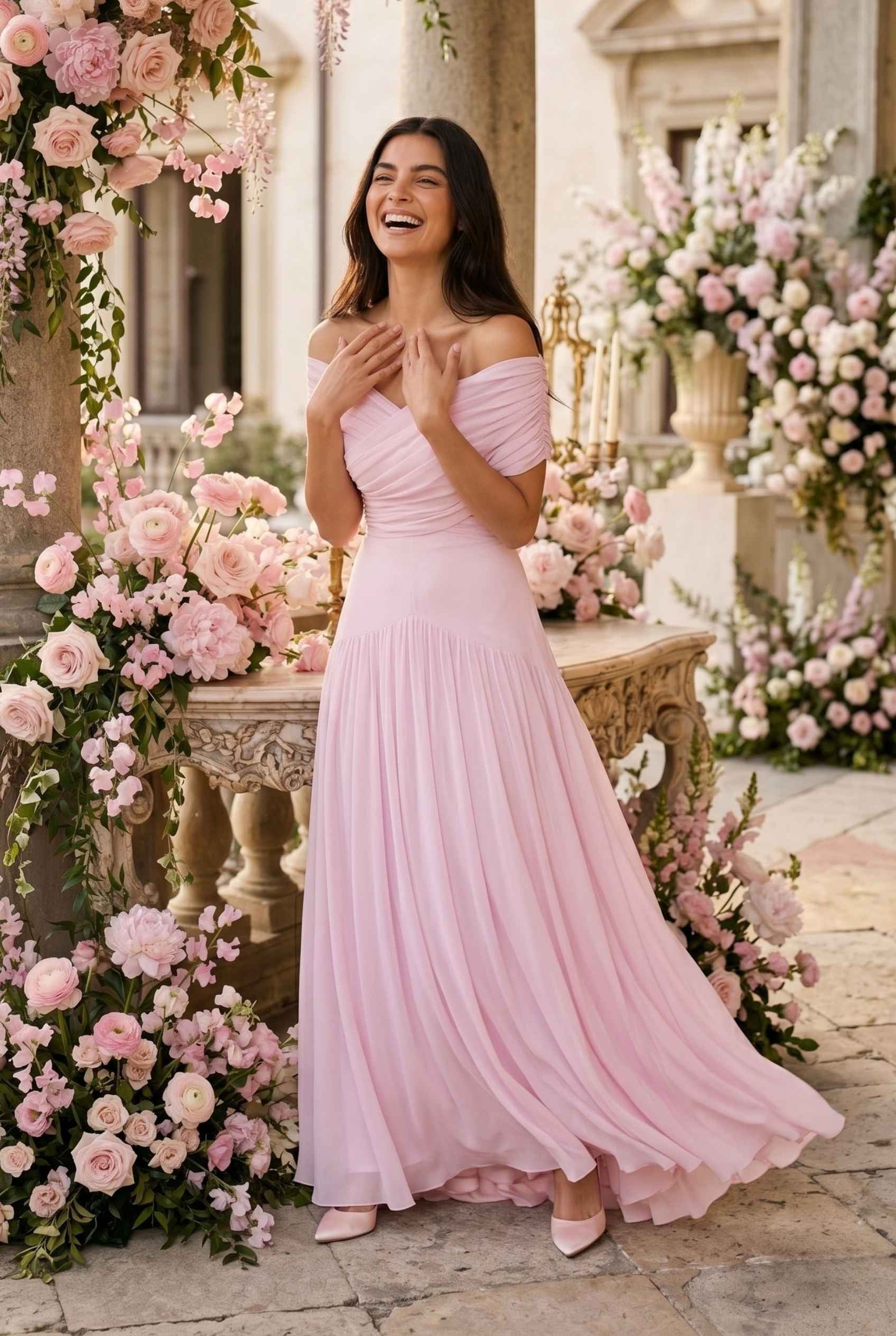 Virtual Model wearing The Rosaline Chiffon Draped Dress Light Pink Chiffon Draped Gown