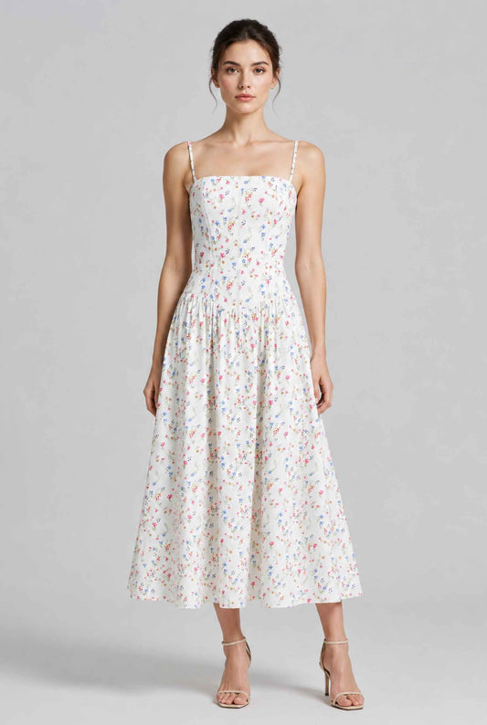 Virtual model wearing The Rosella Corset Midi Floral Corset Midi Dress in White