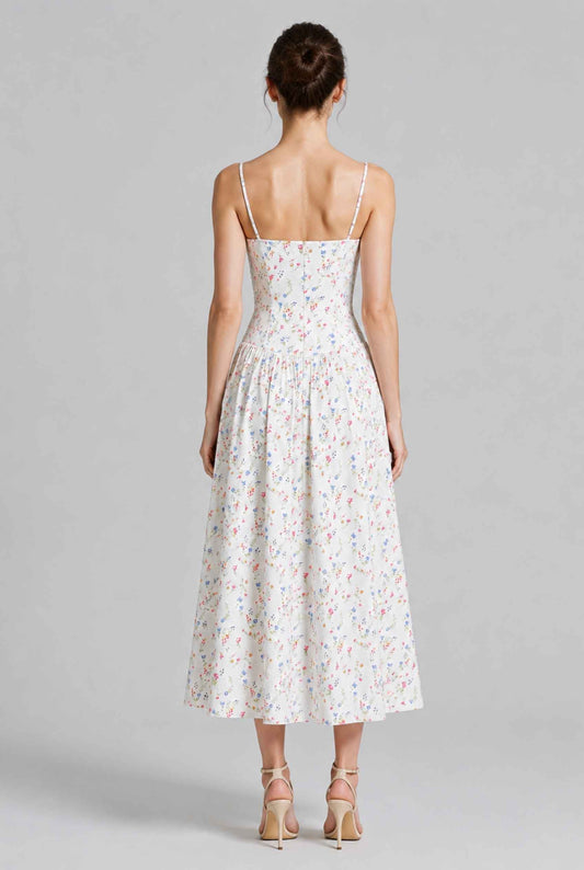 Virtual model wearing The Rosella Corset Midi Floral Corset Midi Dress in White