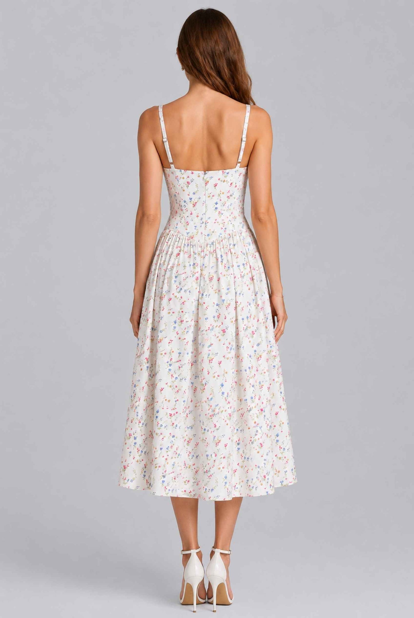 Virtual Model Wearing The Rosella Corset Midi White Floral Corset Midi Dress