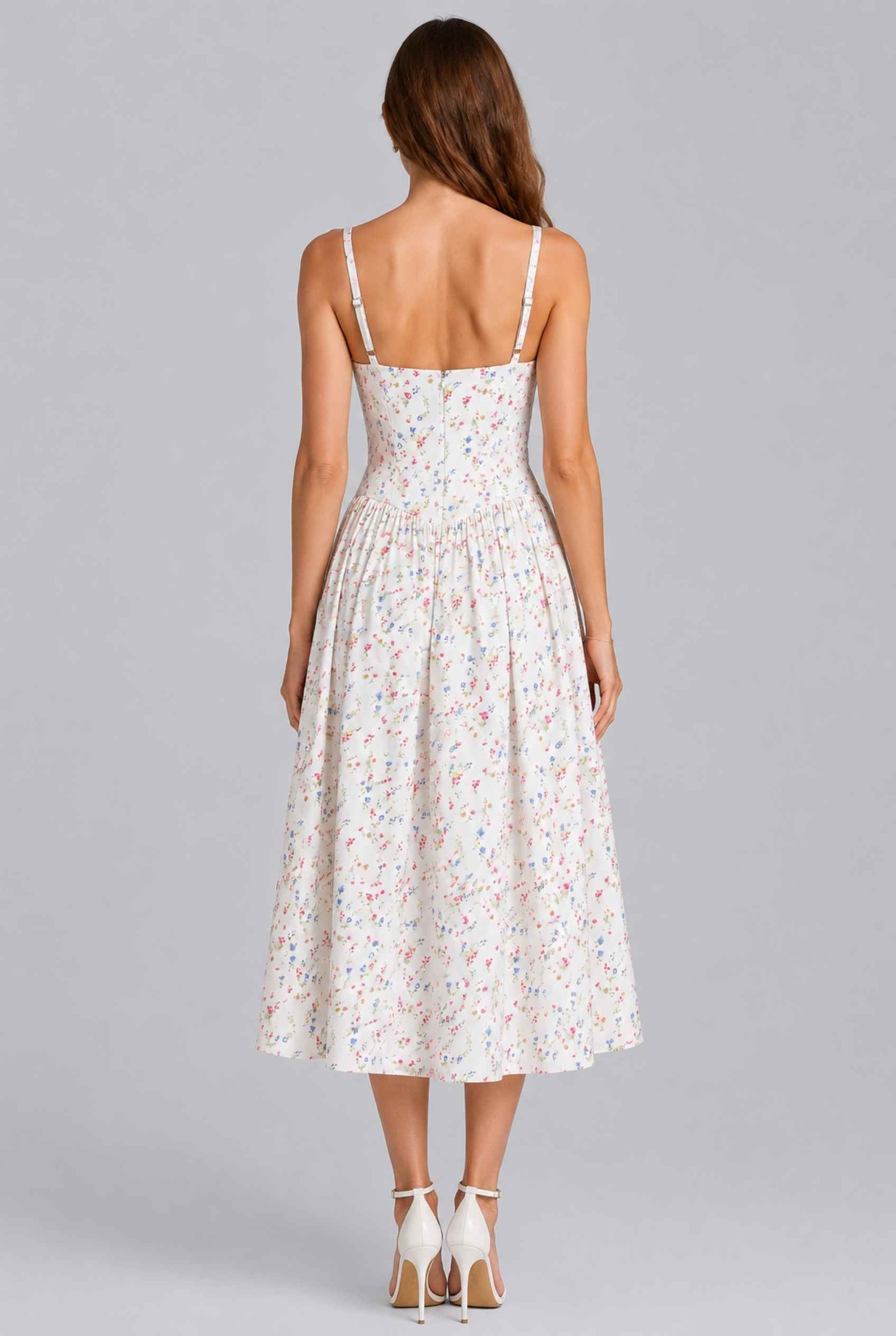 Virtual Model Wearing The Rosella Corset Midi White Floral Corset Midi Dress
