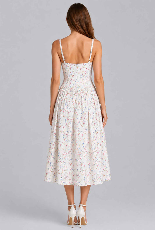 Virtual Model Wearing The Rosella Corset Midi White Floral Corset Midi Dress