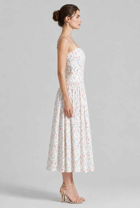 Virtual model wearing The Rosella Corset Midi Floral Corset Midi Dress in White