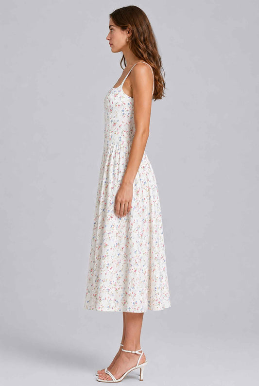Virtual Model Wearing The Rosella Corset Midi White Floral Corset Midi Dress