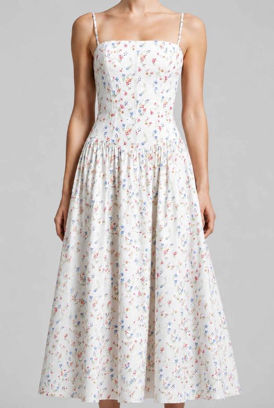 Virtual model wearing The Rosella Corset Midi Floral Corset Midi Dress in White