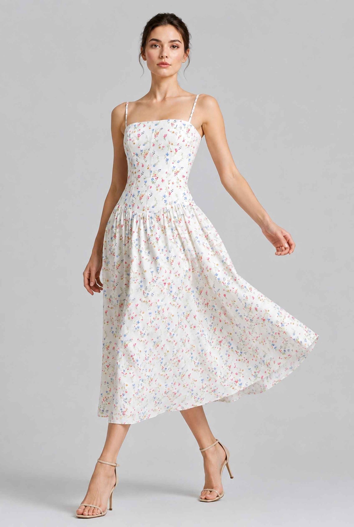 Virtual model wearing The Rosella Corset Midi Floral Corset Midi Dress in White