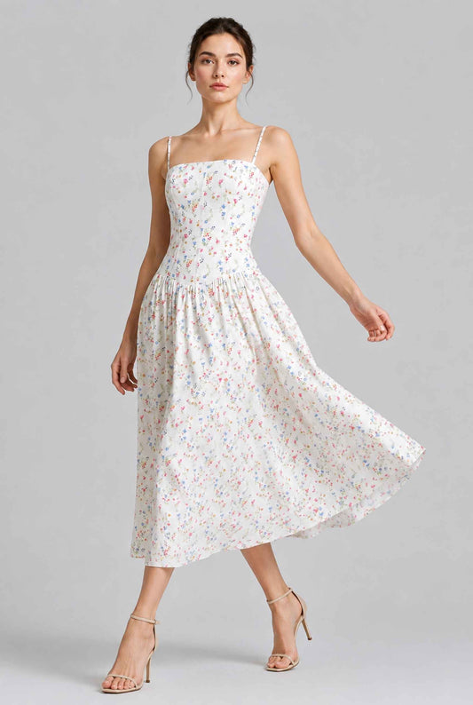 Virtual model wearing The Rosella Corset Midi Floral Corset Midi Dress in White