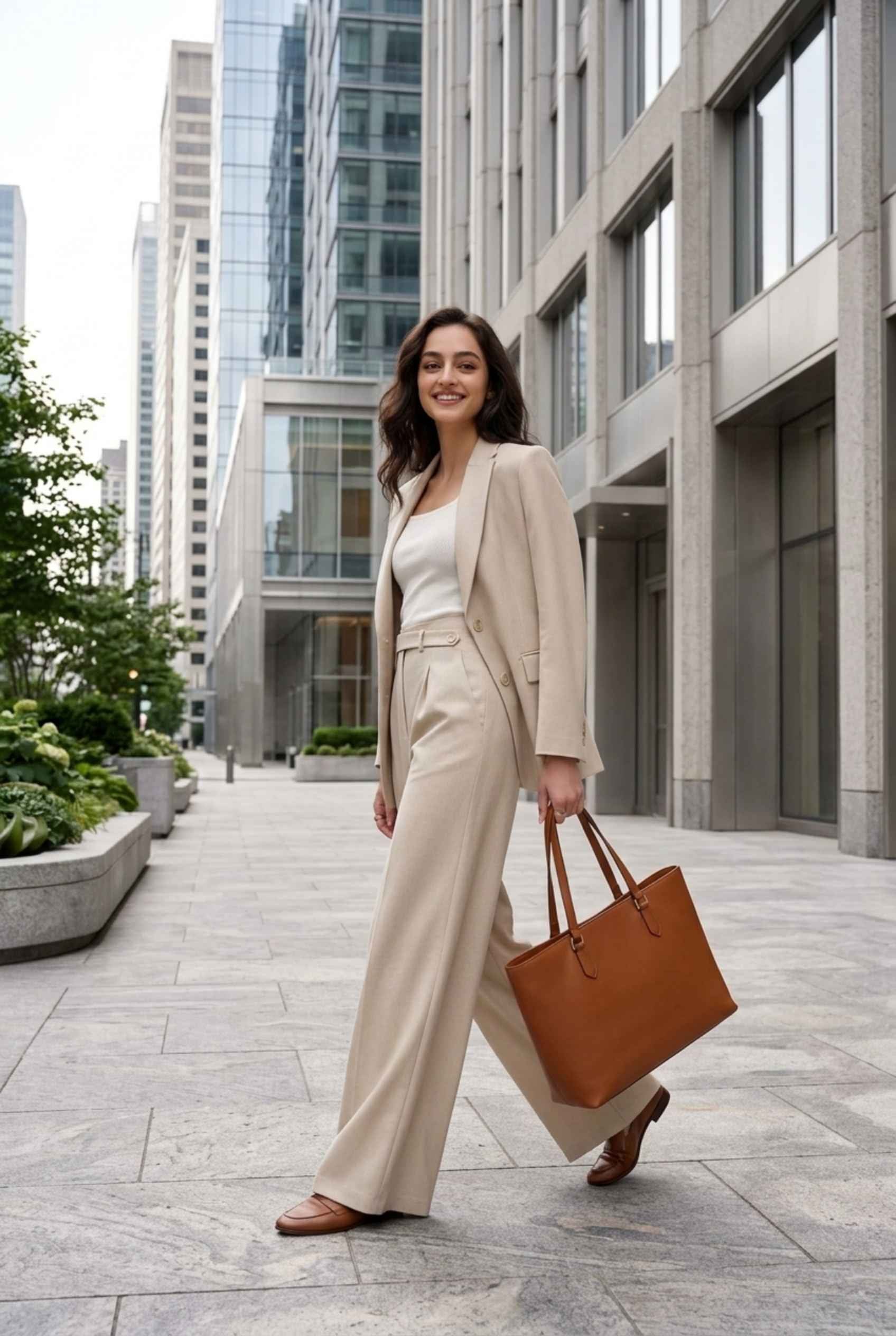 Virtual Model wearing The Rowan Wide-Leg Trouser Asymmetric Beige Pleated Pant