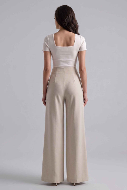 Virtual Model wearing The Rowan Wide-Leg Trouser Asymmetric Beige Pleated Pant