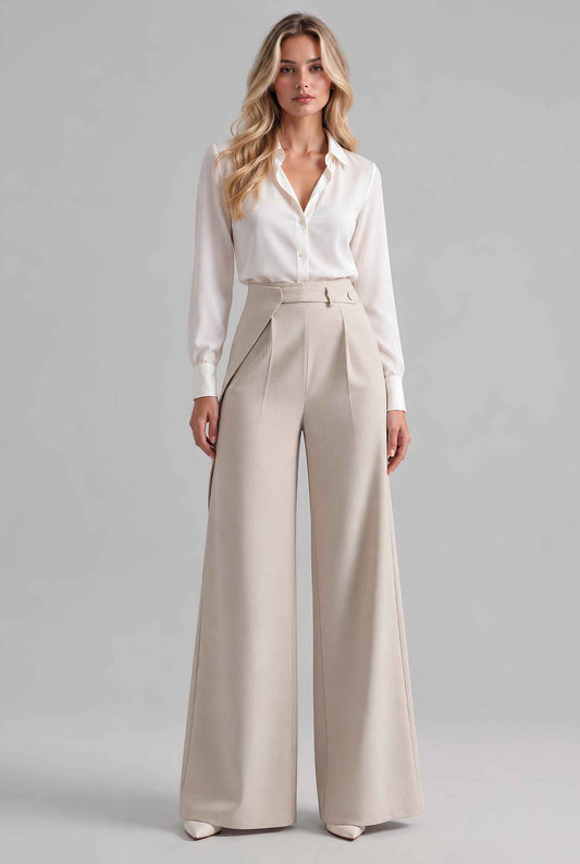 Virtual model wearing The Rowan Wide-Leg Trouser Asymmetric Pleated Wide-Leg Trousers in Beige