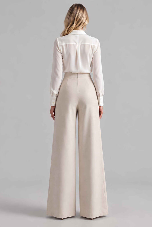 Virtual model wearing The Rowan Wide-Leg Trouser Asymmetric Pleated Wide-Leg Trousers in Beige