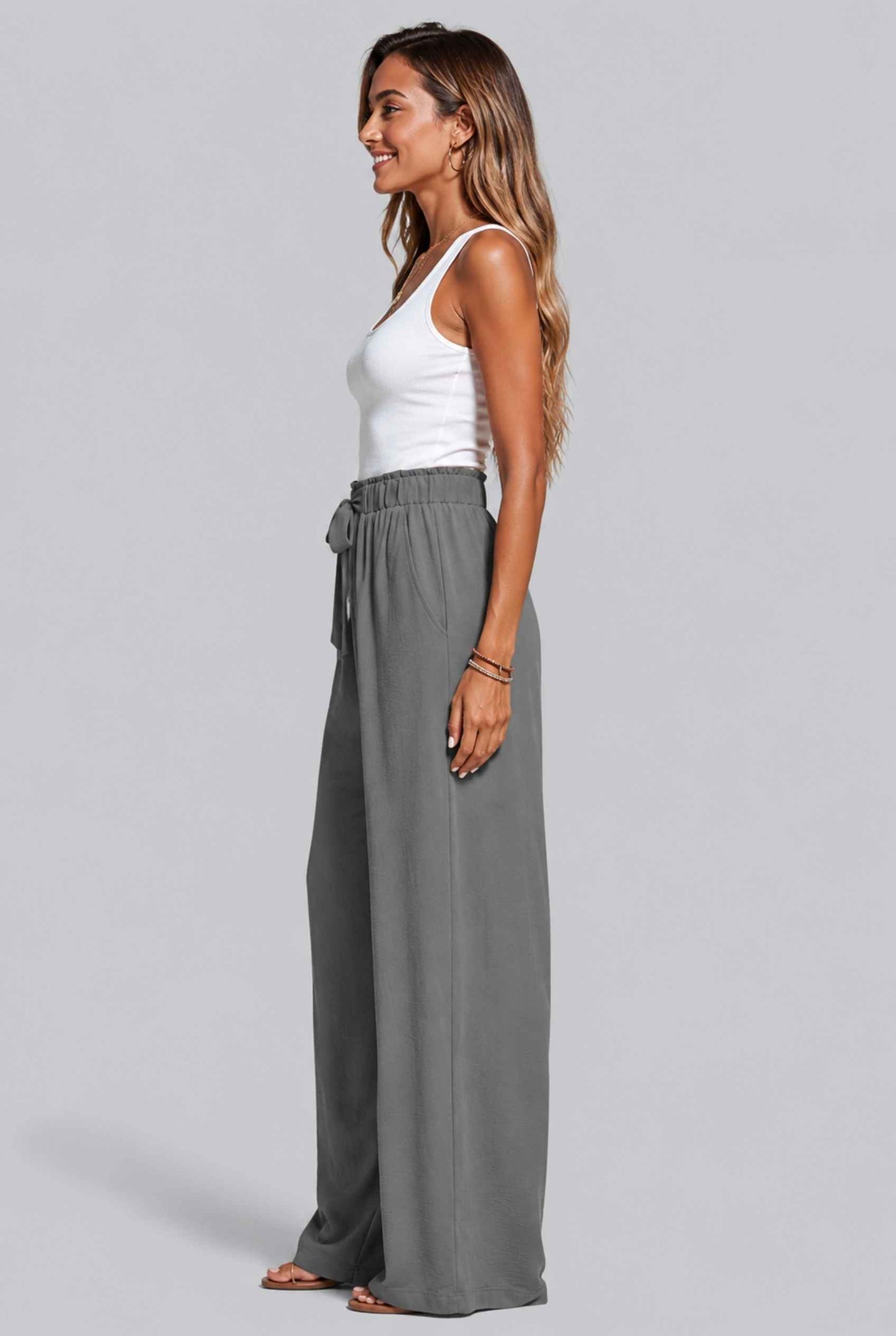 Virtual Model wearing The Savannah Textured Pant Wide Leg Paperbag Gray Resort Pant