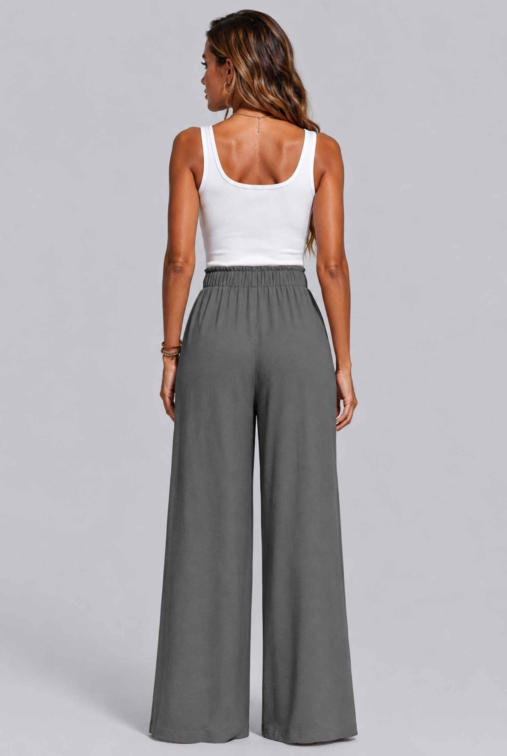Virtual Model wearing The Savannah Textured Pant Wide Leg Paperbag Gray Resort Pant