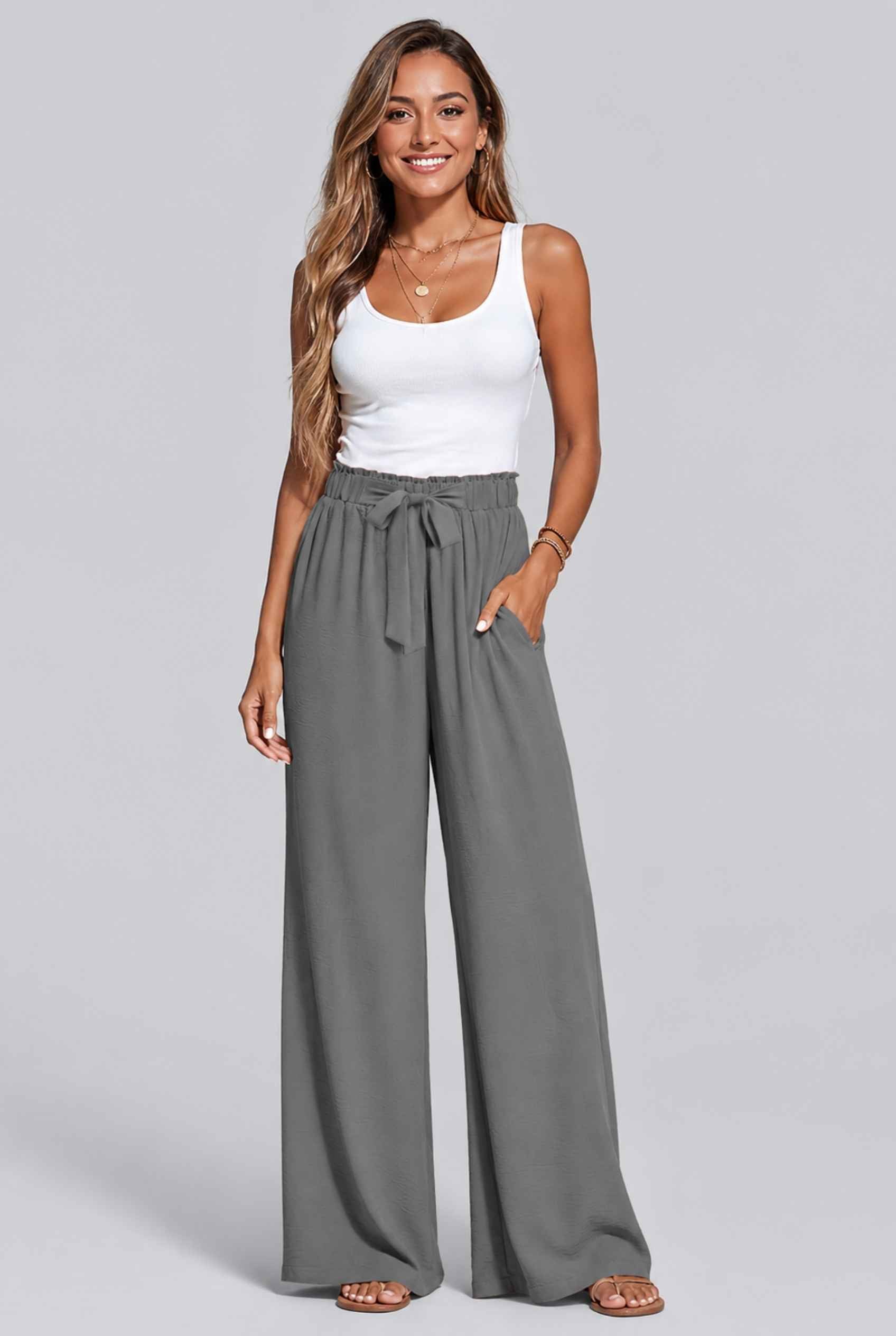 Virtual Model wearing The Savannah Textured Pant Wide Leg Paperbag Gray Resort Pant