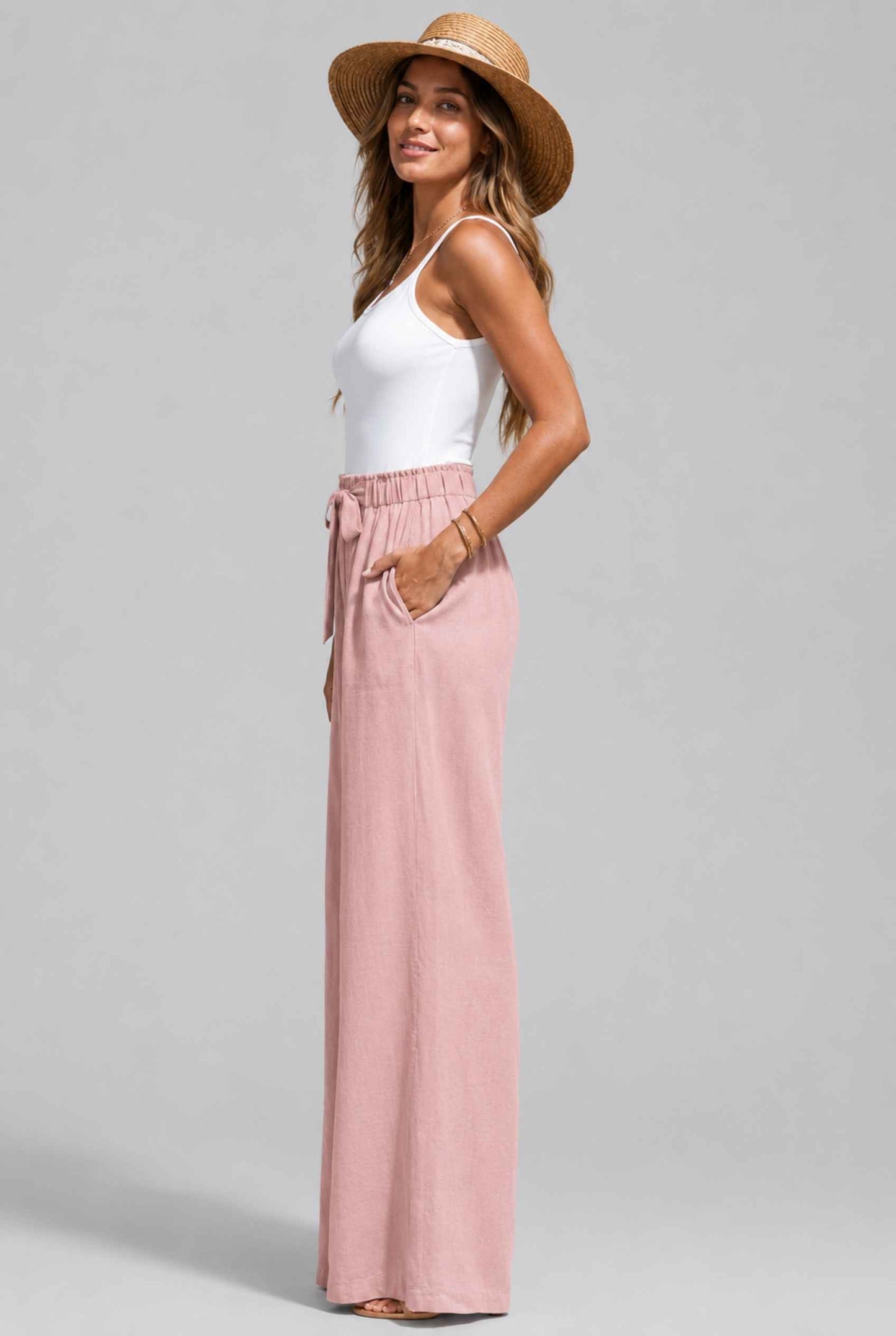 Virtual Model wearing The Savannah Textured Pant Wide Leg Paperbag Pink Resort Pant
