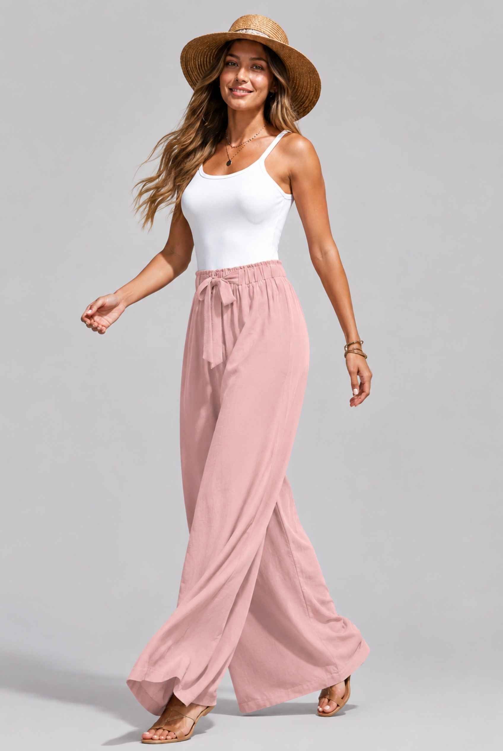 Virtual Model wearing The Savannah Textured Pant Wide Leg Paperbag Pink Resort Pant