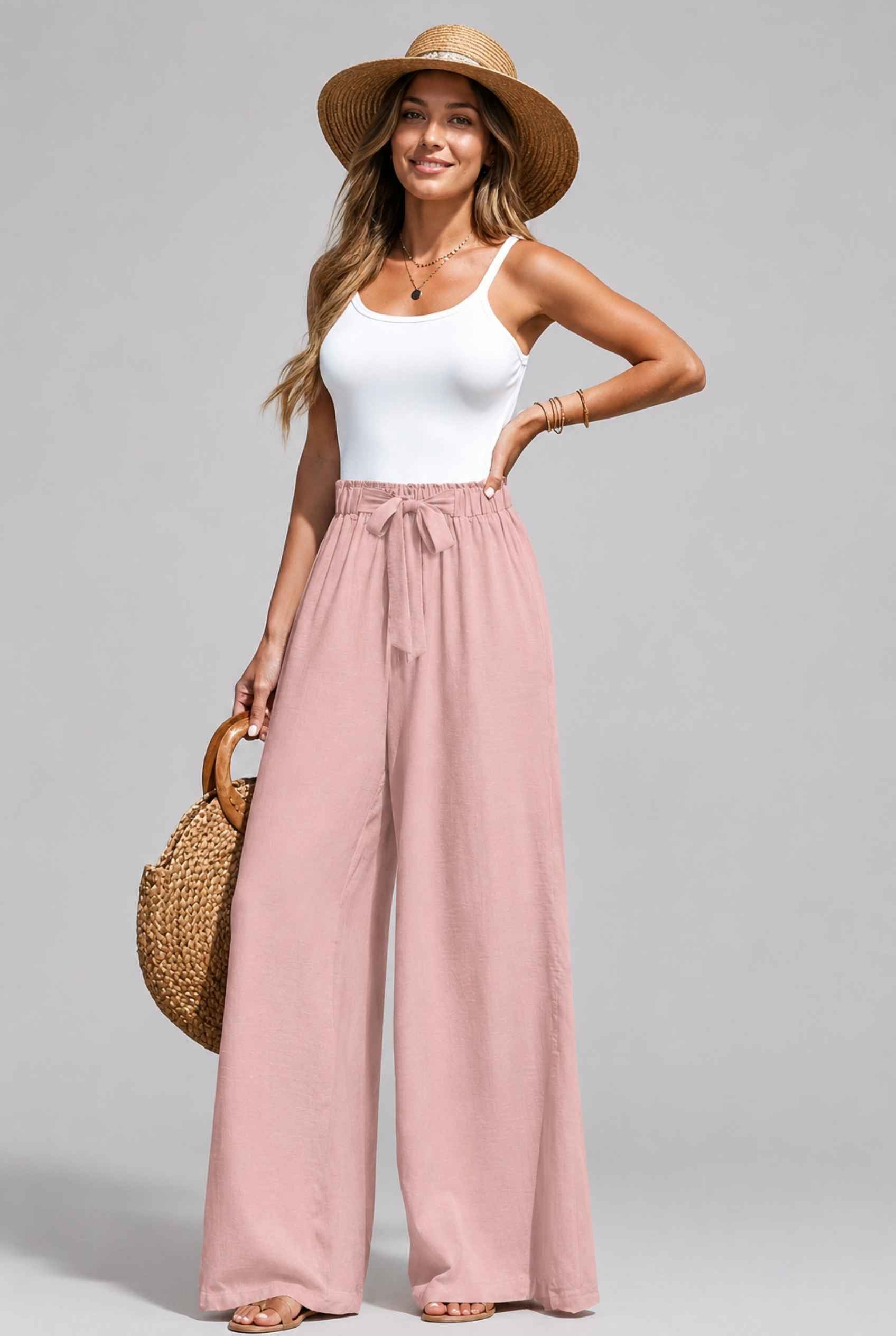 Virtual Model wearing The Savannah Textured Pant Wide Leg Paperbag Pink Resort Pant