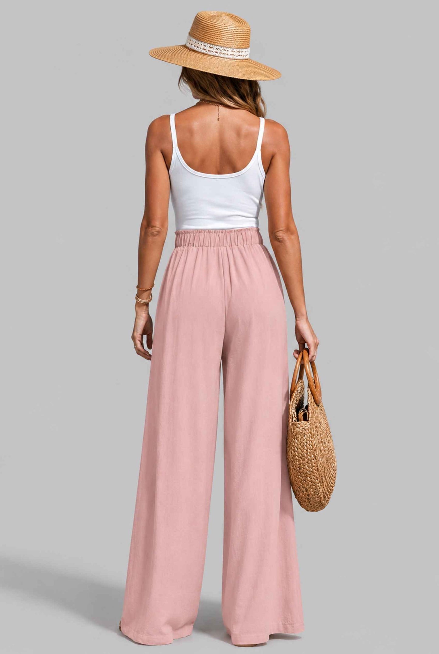 Virtual Model wearing The Savannah Textured Pant Wide Leg Paperbag Pink Resort Pant