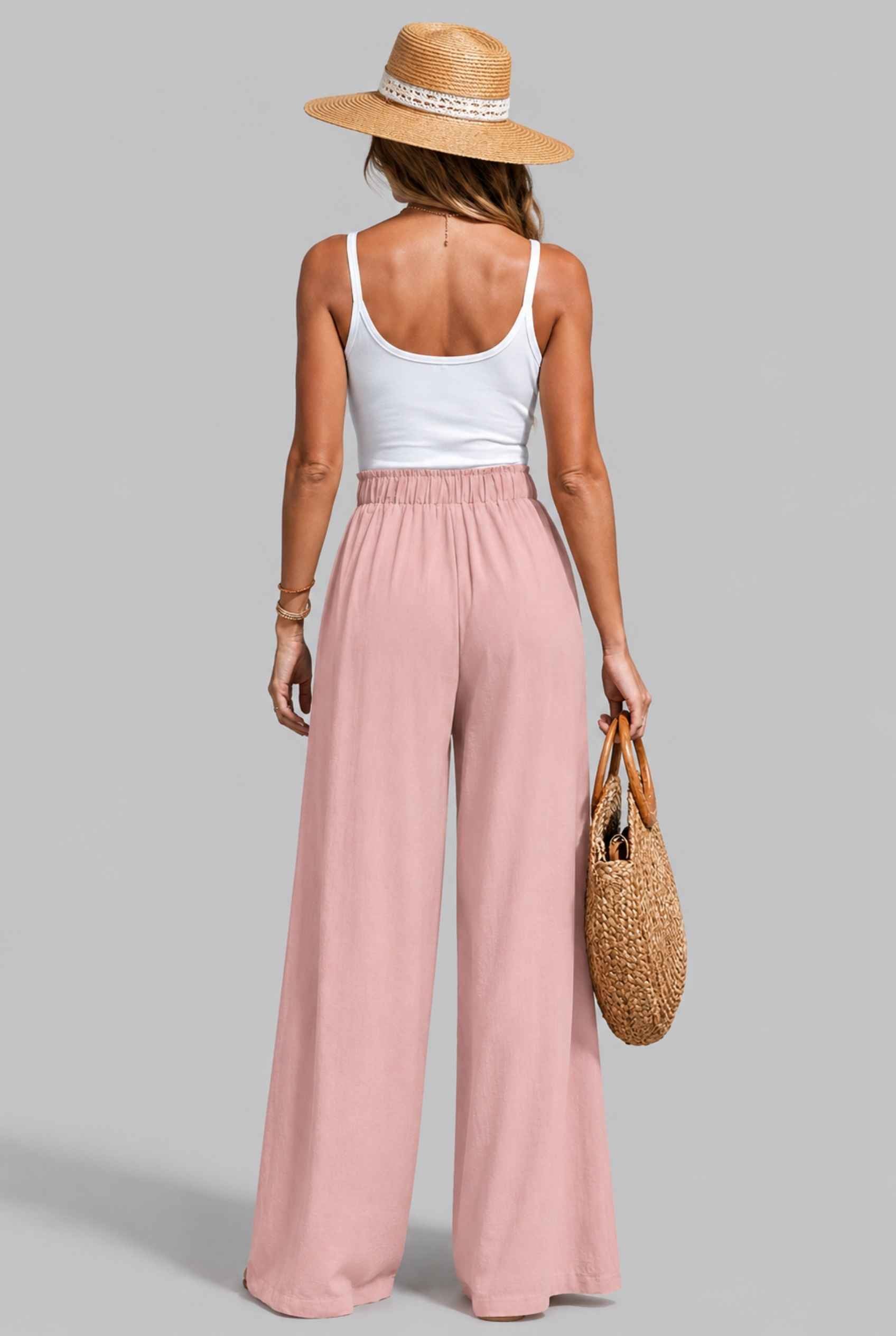 Virtual Model wearing The Savannah Textured Pant Wide Leg Paperbag Pink Resort Pant