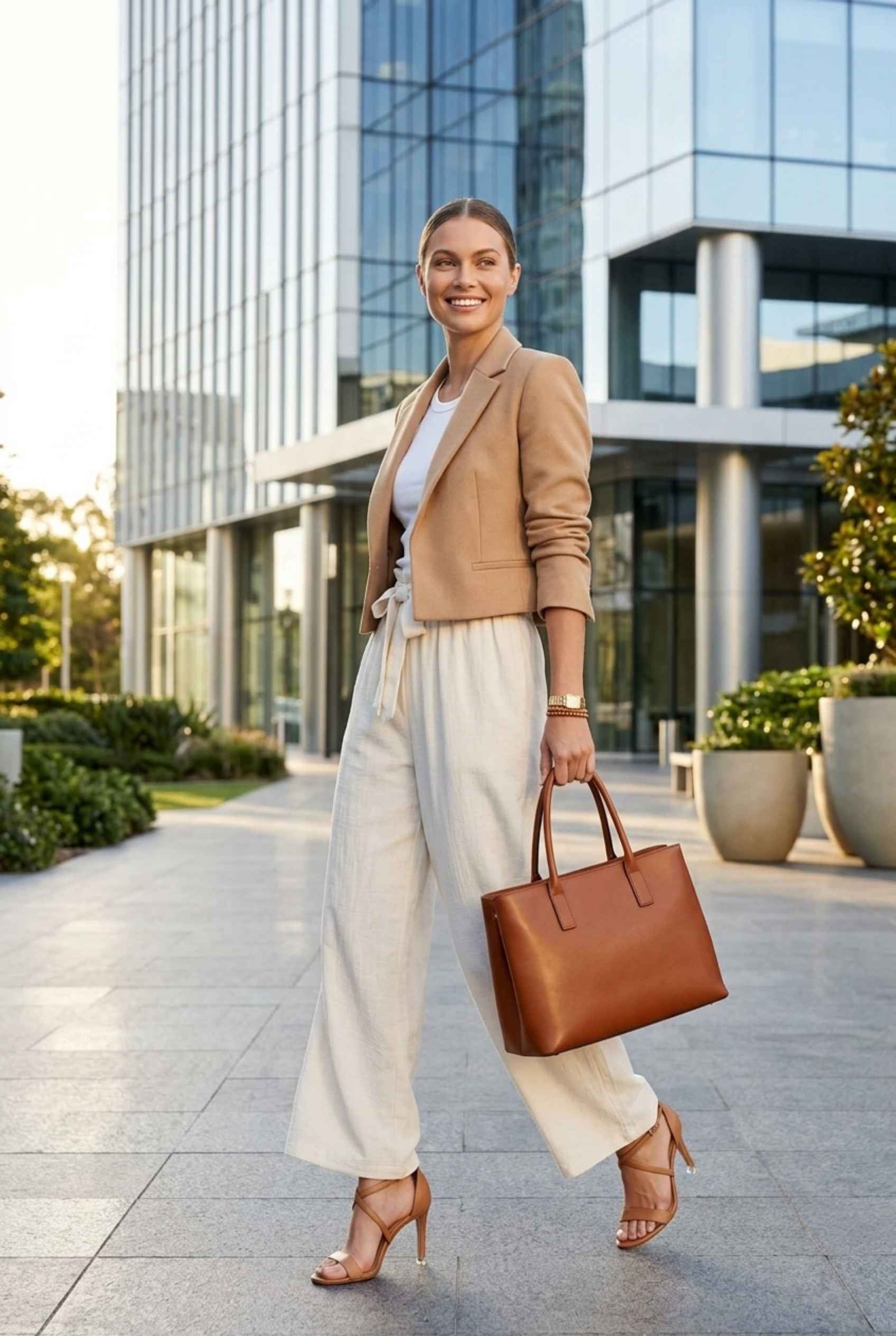 Virtual Model wearing The Savannah Textured Pant Wide Leg Paperbag White Resort Pant