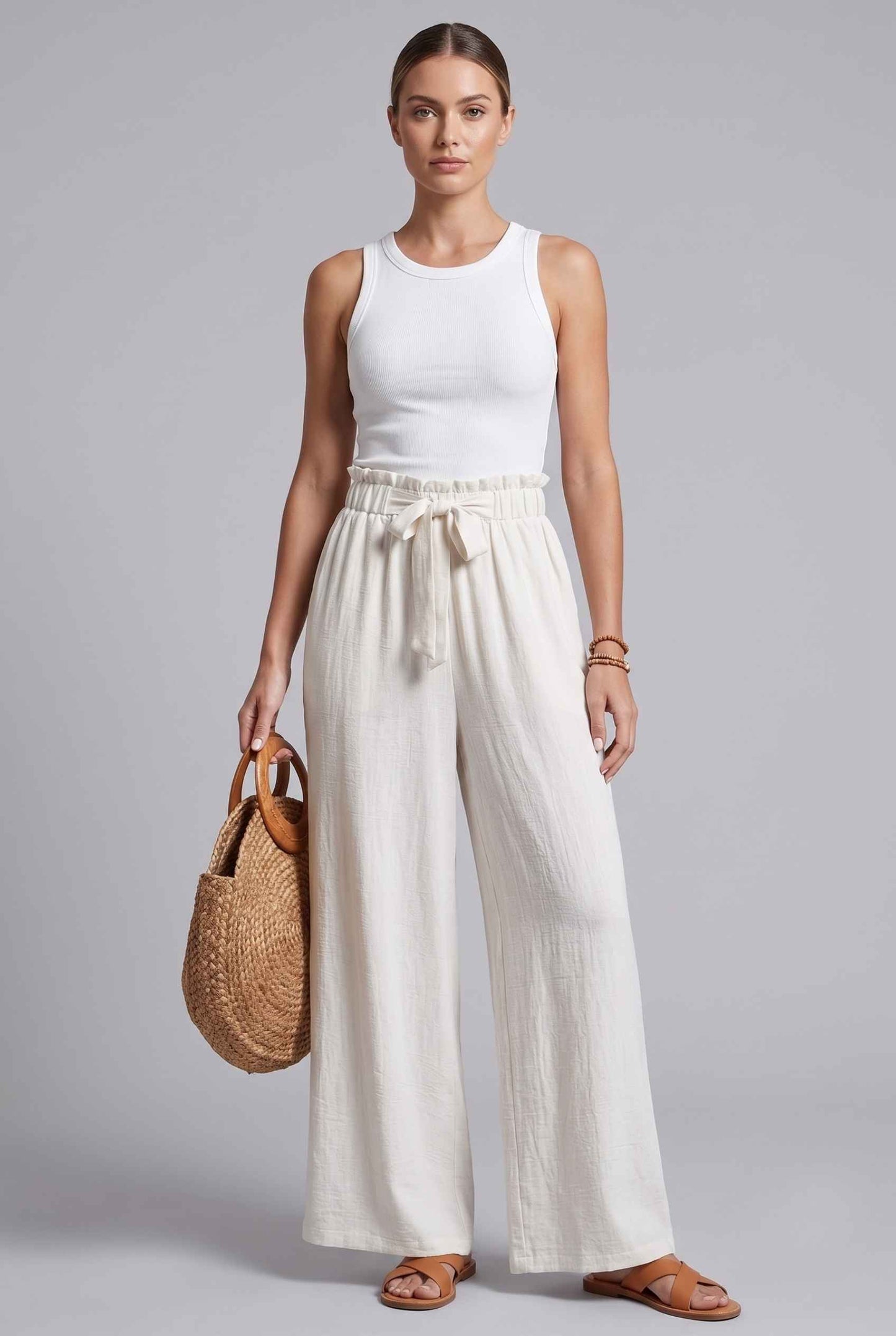 Virtual Model wearing The Savannah Textured Pant Wide Leg Paperbag White Resort Pant