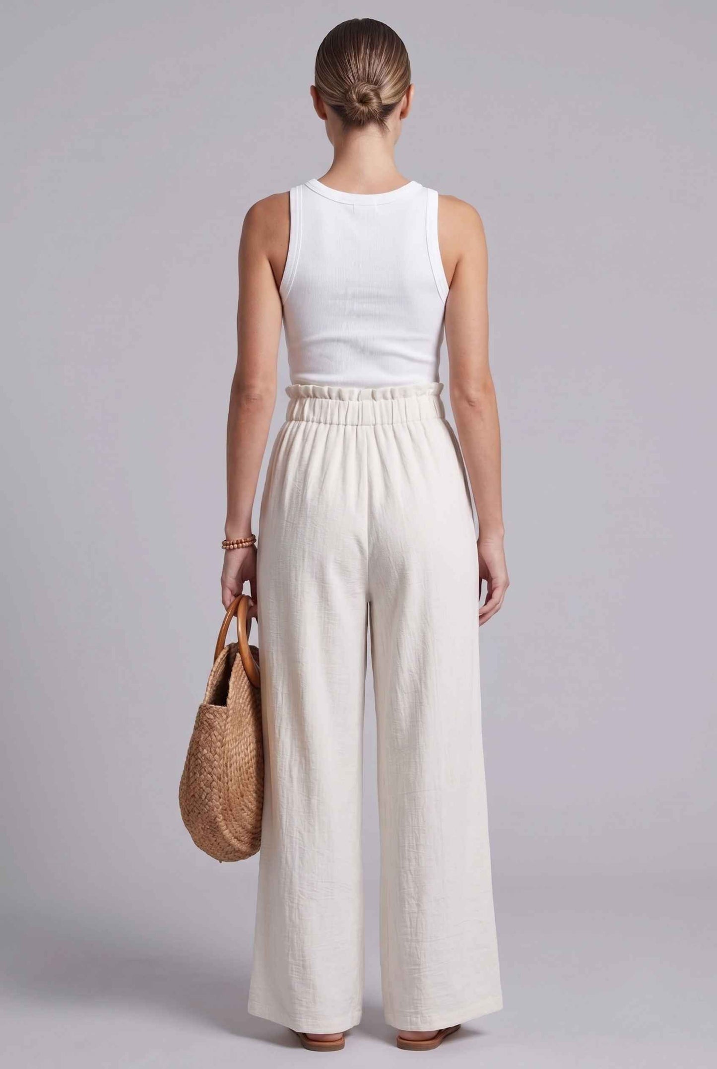 Virtual Model wearing The Savannah Textured Pant Wide Leg Paperbag White Resort Pant