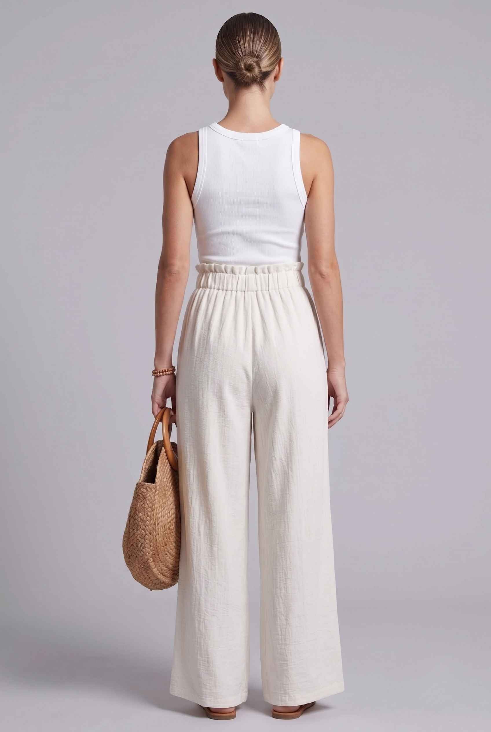 Virtual Model wearing The Savannah Textured Pant Wide Leg Paperbag White Resort Pant