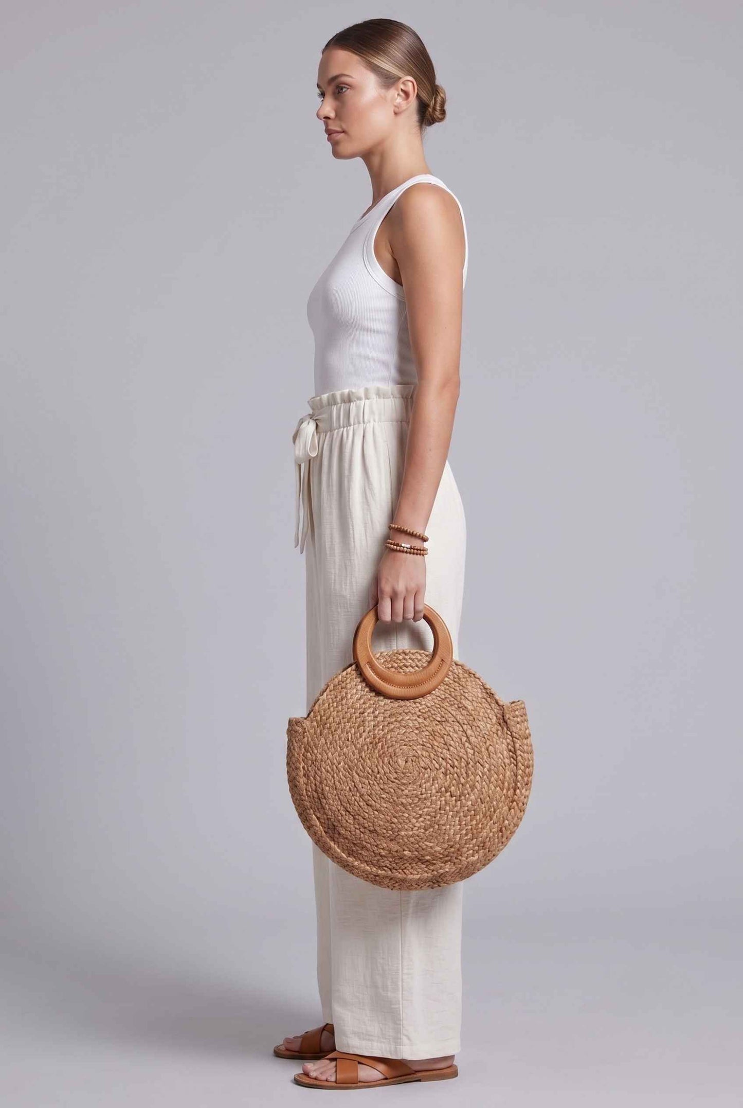 Virtual Model wearing The Savannah Textured Pant Wide Leg Paperbag White Resort Pant