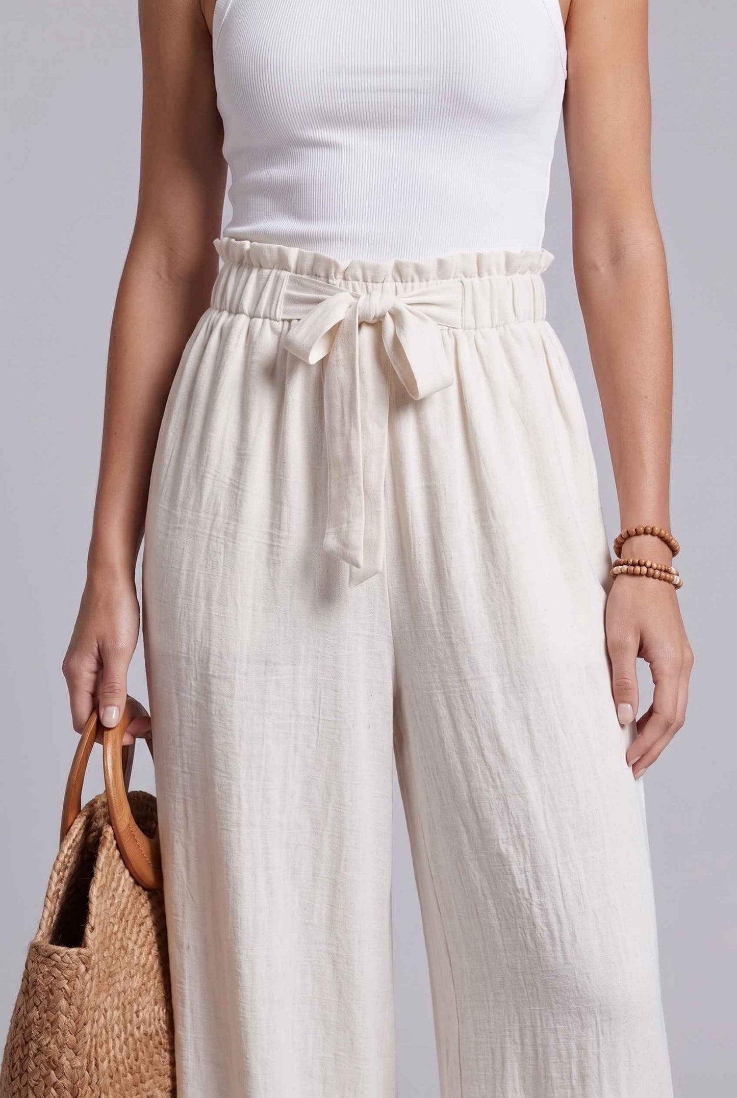Virtual Model wearing The Savannah Textured Pant Wide Leg Paperbag White Resort Pant