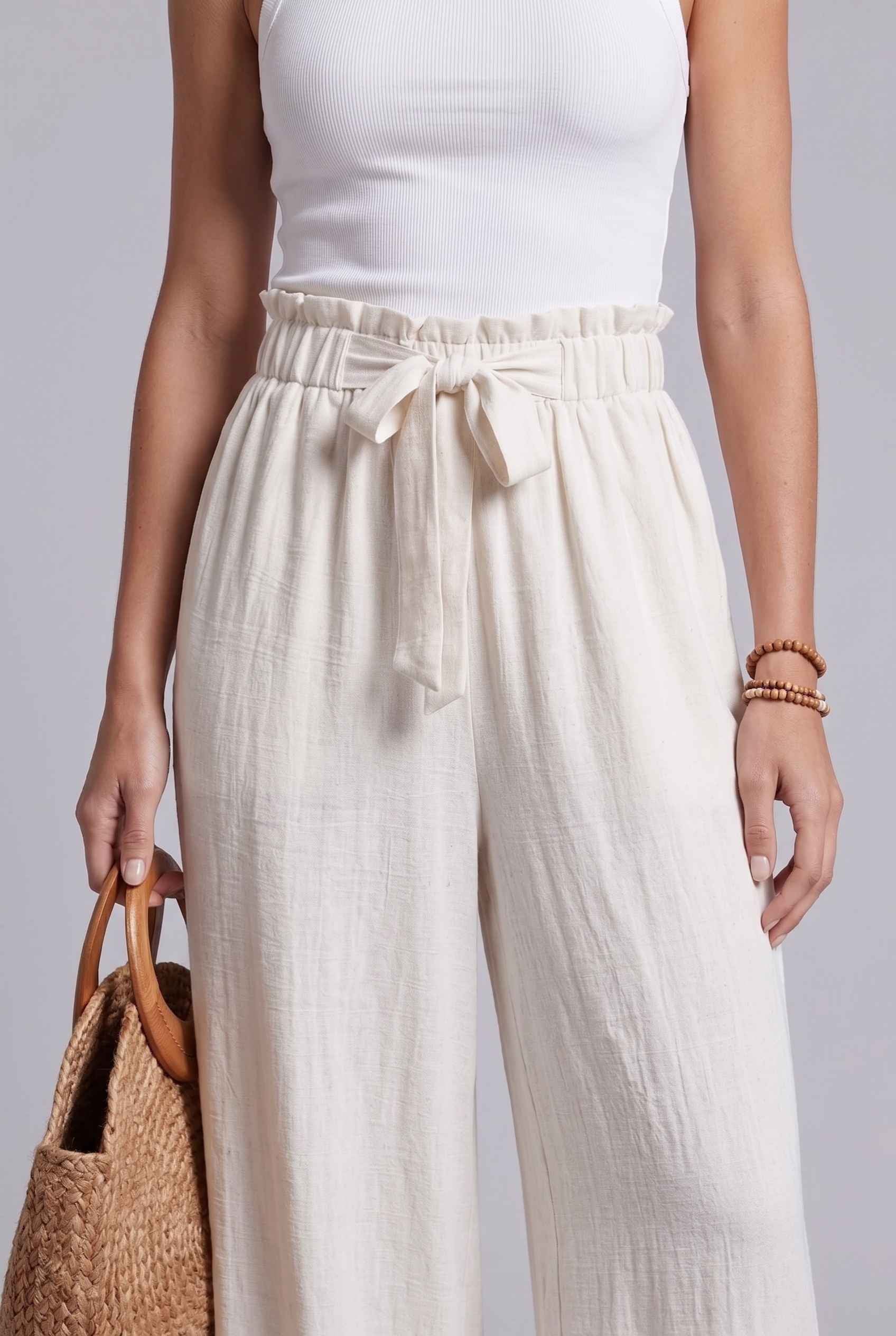Virtual Model wearing The Savannah Textured Pant Wide Leg Paperbag White Resort Pant