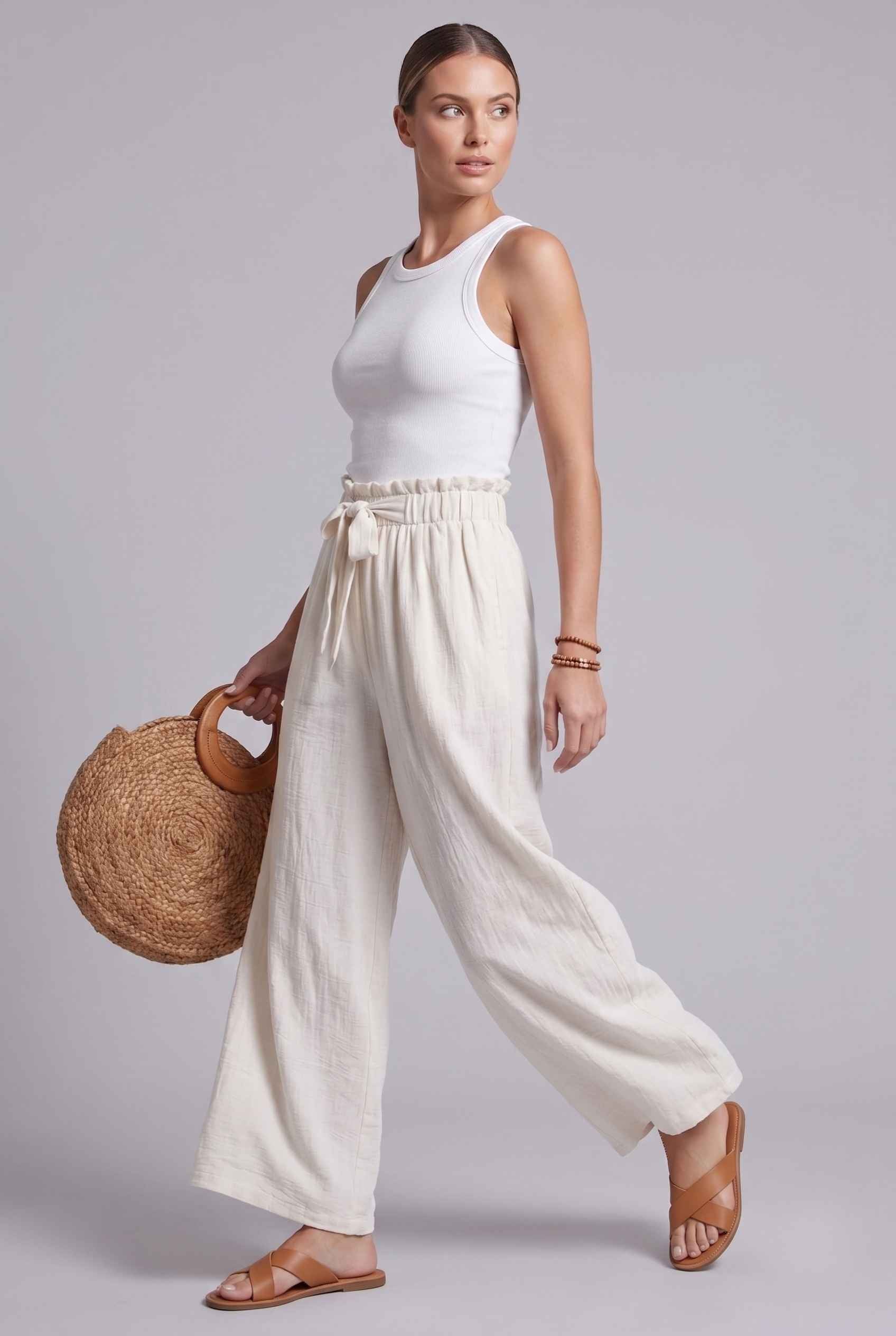Virtual Model wearing The Savannah Textured Pant Wide Leg Paperbag White Resort Pant