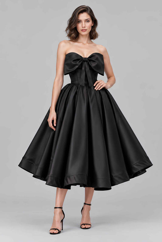 Virtual model wearing The Scarlett Bow Satin Dress Strapless Statement-Bow Satin Gown in Black
