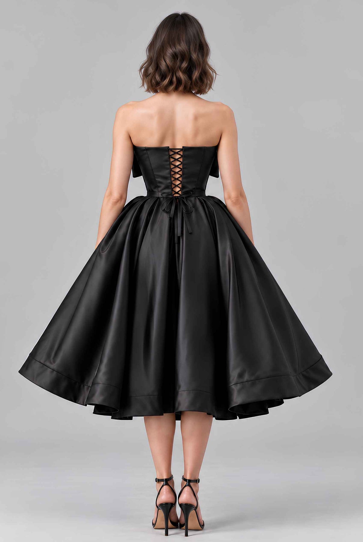 Virtual model wearing The Scarlett Bow Satin Dress Strapless Statement-Bow Satin Gown in Black