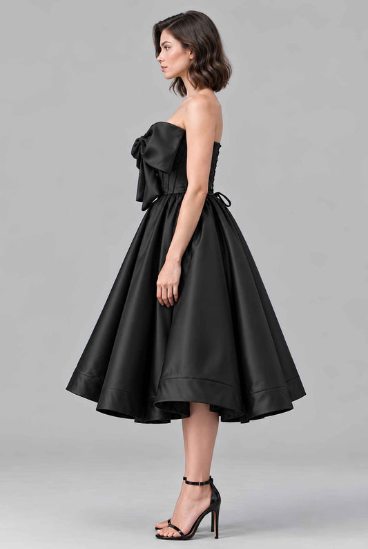 Virtual model wearing The Scarlett Bow Satin Dress Strapless Statement-Bow Satin Gown in Black