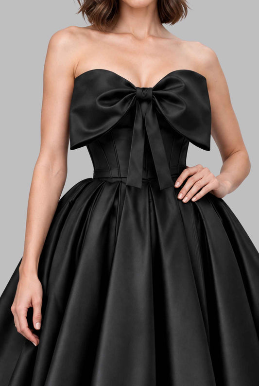 Virtual model wearing The Scarlett Bow Satin Dress Strapless Statement-Bow Satin Gown in Black