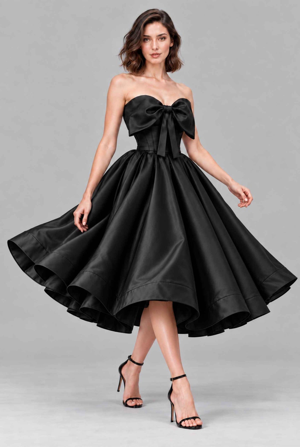 Virtual model wearing The Scarlett Bow Satin Dress Strapless Statement-Bow Satin Gown in Black