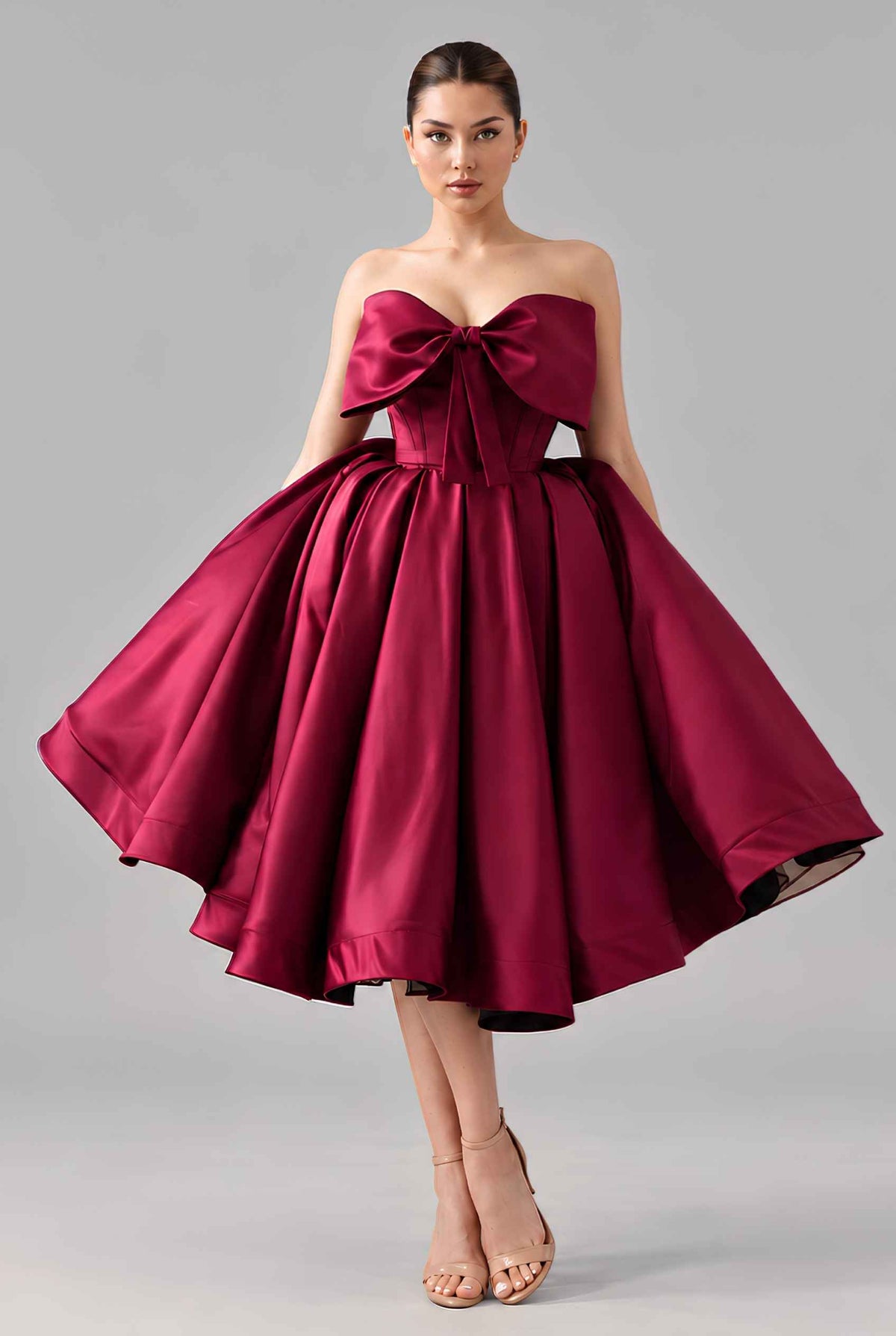 Virtual model wearing The Scarlett Bow Satin Dress Strapless Statement-Bow Satin Gown in Wine